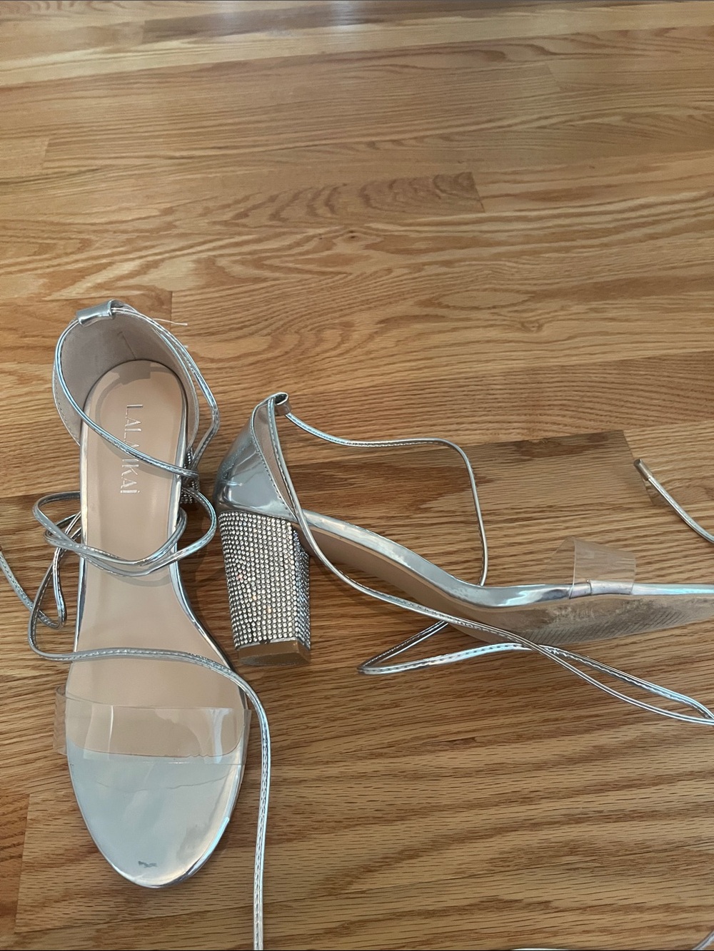 Silver Crystal Block Heel Lace-Up Sandals